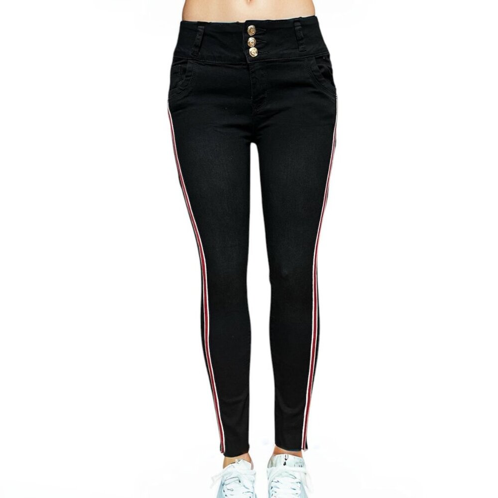 Women's Colombian High-Waist Skinny Jeans with Side Stripe Detailing - Black